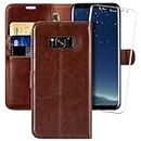 MONASAY Galaxy S8 Wallet Case, 5.8-inch,[Included Screen Protector] Flip Folio Leather Cell Phone Cover with Credit Card Holder for Samsung Galaxy S8, Brown