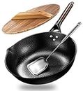 Billord Carbon Steel Wok, 12.8'' Frying Wok Pan with Wooden Lid, Wok Cookware for Induction & Gas Stove, No Chemical Coated Chinese Wok Pot Pan Kitchenware with Spatula & Accessories for Electric