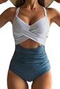 Eomenie Women's One Piece Swimsuits Tummy Control Cutout High Waisted Bathing Suit Wrap Tie Back 1 Piece Swimsuit, Blue Striped, Medium