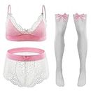 KEOYA Men’s Lace Lingerie Floral Sissy Underwear Set Sheer Low Rise Panties Stretch Breathable Bra Set Stockings 4pcs Pink XL
