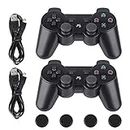 PS3 Controller-Six Axis Retropie Controller Support Wireless Bluetooth Dual Shock for Playstation 3 With Charging Cable and Joystick Cap (2 Pack, Black Joypad)
