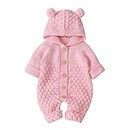 IDOPIP Newborn Baby Bear Ear Hooded Knit Romper Jumpsuit Overall One Piece Bodysuit for Boy Girl Warm Sweater Outerwear 0-24M, Pink, 12-18 Months