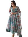 Women Floral Print Anarkali Kurta with Pant and Duptta (Small, Blue)