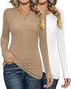Ficerd 2 Pack Women' s Long Sleeve Shirts, Ribbed Slim Fitted Tops Stretch Crew Neck Undershirt Casual Basic Tee Blouse, Khaki White, XX-Large