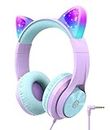 iClever Kids Headphones with Cat Ear Led Light Up, Safe Volume Limite Kids Wired Headphones, FunShare Foldable Over-Ear Headphones for Kids/School/iPad/Tablet/Travel, Meow Donut-Light Purple