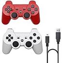 2 Pack PS3 Wireless Controller Playstation 3 Controller Wireless Bluetooth Gamepad with USB Charger Cable for PS3 Console (Red+White)