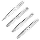 Tweezers Set, Eyebrows Kit Professional Stainless Steel Set - 4 Pieces with Leatherette Travel Case Perfect for Facial Hair, Beauty and Personal Care Tool Hobri International, silver (HTZK-001)