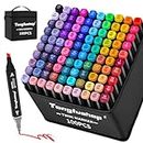 Tongfushop 100 Colored Marker Set, Paint Pens, Colouring Pens for Kids & Adults, Dual Tip Artist Pens for Drawing, Sketching, Anime and Manga with Carrying Case and Storage Base