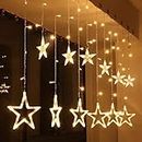 RODZ String Lights Star Series Lights 12 Stars 138 LED Window Curtain Lights for Home Decoration with 8 Flashing Modes Lights for Christmas Diwali Wedding Birthday Party Warm White (6 + 6 Star)
