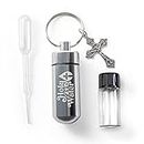Catholic Holy Water Bottle, Silver Keychain Container Kit with Plastic Eyedropper and Small Glass Vial with Screw Top Metal Keyring Holder with Crucifix Cross Pendant, Botellas Para Agua Bendita
