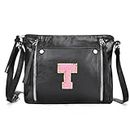 Crossbody Bags for Women Initial Purses Black Leather Handbags Small Cross Body Bag Personalized Gifts for Women/Teenagers, T