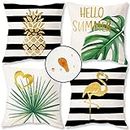 ONWAY Hello Summer Pillow Covers 18x18 Set of 4 for Summer Decorations Black Stripe Gold Cushion Cases Pineapple Flamingo Throw Pillows for Couch Patio Furniture