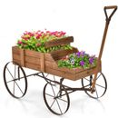 Patiojoy Wooden Garden Flower Planter Wagon Plant Bed W/ Wheel Garden Yard Brown