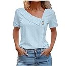 Early Black of Friday Deals 2024 Today Only Women's Tops Summer T-Shirts Eyelet Asymmetrical Neck Short Sleeve Shirt Two Button Blouses Dressy Casual Tunic Tops