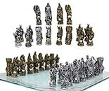 Ebros Gift Silver and Gold Painted Legend of King Arthur Pendagron Merlin Mordred Dragons and Magic Felted Base Resin Chess Pieces with 15" by 15" Frosted Glass Board Set Gaming Board Game Collection