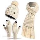 Honnesserry Winter Warm Beanie Hat Scarf and Touchscreen Gloves Set for Womens Skull Caps Neck Scarves with Fleece Lined, Beige, One Size