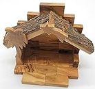Olive Wood Nativity Stable - 4.5x3.6x6 Inches - Natural Bark Roof | Hand Made from Bethlehem Olive Wood NAT106