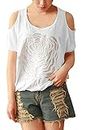 ELECTROPRIME Lady Flower Embroidery Metal Stud Decor Cut Out Design T-Shirt Multicolour