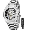Fashion Silver Mens Watches Top Brand Luxury Automatic Mechanical Stainless Steel Fashion Business Skeleton Wristwatch (FOR8202-silver Black)