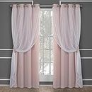 Exclusive Home Catarina Layered Solid Room Darkening Blackout and Sheer Grommet Top Curtain Panel Pair, 52"x84", Rose Blush