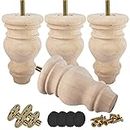 5 inch / 12cm Unfinished Wooden Bun Feet, Btowin 4Pcs Solid Wood Furniture Legs with Threaded M8 Hanger Bolts & Mounting Plate & Screws for Sofa Couch Chair Ottoman Cabinet