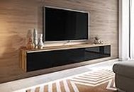 Mueble de TV Lowboard D 140/180 cm, Mueble de televisión, Mueble de TV Flotante, Color Wotan Negro, iluminación LED Opcional (con iluminación LED, 180 cm)