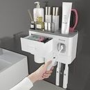 iHave Toothbrush Holders Bathroom Decor, 2 Cups Toothbrush Holder Wall Mounted with Toothpaste Dispenser, Bathroom Accessory with Large Capacity Tray, Cosmetic Drawer