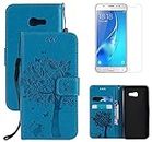 for Samsung Galaxy A5 2017 A520 Wallet Case and Screen Protector,OYIME [Butterfly Flower Embossed] Pattern Design Leather Holder Full Body Protection Bumper Kickstand Card Slot Function Magnetic Closure Flip Cover with Wrist Lanyard - Blue