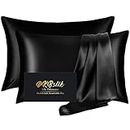 DKBslik Silk Pillowcase 2 Pack,Mulberry Pillowcases Standard Set of 2,Health,Soft and Smooth,Anti Acne,Beauty Sleep,Both Sides Natural Satin Pillow Cases for Women Pack with Zipper Gift,Black