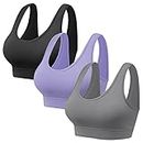 Vinfact 3 Pack Sports Bras for Women Wireless Bra with Removable Pads Yoga Bra Support for Workout(A-Black,Grey,Purple.X-Large)
