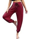 Terecey Pantalon Sarouel Femme Sport Taille Haute Bouffant Pants pour Pilate Hippie Yoga Fitness Danse（Vin Rouge，L）