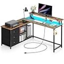 Seventable Computer Desk with Power Outlet & LED Light, 43.3" Reversible L Shaped Desk with 3 Drawers,Writing Desk with Printer Cabinet and Monitor Shelf,Rustic Brown