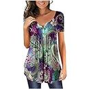 Women's Summer Floral Printed Short Sleeve Vintage V Neck T-Shirt Loose Fit Casual Fashion Tunic Blouse Fashion Tops, Purple, Large
