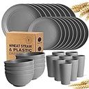 Teivio 32-Piece Kitchen Plastic Wheat Straw Dinnerware Set, Service for 8, Dinner Plates, Dessert Plate, Cereal Bowls, Cups, Unbreakable Colorful Plastic Outdoor Camping Dishes, Grey