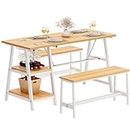 SDHYL Dining Table Set 3 Pieces, 55 inches Dining Table with Shelf, 4 Person Breakfast Table with 2 Benches, Wood Space Saving Kitchen Table Set with Wine Rack and Glass Holder, Millennium Oak