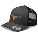 RIVEMUG Old Gold Longhorn Trucker Hat Mid Crown Curved Bill Texas Western Country Rodeo Cowboy Farm Ranch Snapback Cap, Charcoal/ Black, One Size