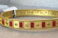 NEW $350 Freida Rothman Red Coral Baguette Round Stone CZ Bangle 14K Gold Plated