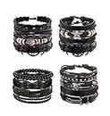 PATISORNA 16Pcs Black Skull Leather Bracelets Set for Men Stackable Braided Cuff Bracelet Punk Rock Handmade Wristband