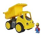 BIG-Power-Worker Kipper + Figur - Spielzeug Auto ideal für Unterwegs, Reifen aus Softmaterial, bewegliche Kippmulde mit Ladekappe, inklusive Figur, für Kinder ab 2 Jahren, Gelb