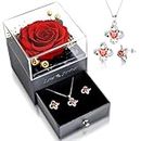 Preserved Real Rose with Necklace Earrings Set, Eternal Rose Flowers Gifts for Anniversary Birthday Valentine's Day Mothers Day Christmas, Jewelry Set for Women Mom Girlfriend Wife Grandma Her