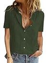 PASUDA Blusas de Mujer Algodón Camiseta Manga Corta Elegante Verano Camisa con Botón Cuello en V Casual Blusa Shirts Tunic Tops (Verde, L)