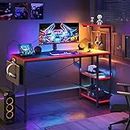 Bestier Gaming Desk with LED Lights, Computer Desk with 4 Tiers Reversible Shelves, 51.3 Inch Gamer Desk with Side Storage Bag, Hooks and Height Adjustable Shelf Black Carbon Fiber