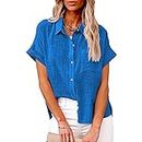 Generic Button Down Cotton Linen Shirts Women V Neck Roll Up Short Sleeve Blouses Ladies Loose Collared Shirt Casual Work Tops Light Blue