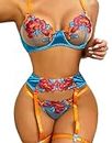 Xs and Os Women's Embroidered Lace Floral Bra Panty Lingerie Set with Matching Garter Belt (Medium, Multi (Blue-Orange))