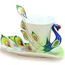 vanki 1 pc Collectable Fine Arts China Porcelain Tea Cup and Saucer Coffee Cup Peacock Theme Romantic Creative Present,Green