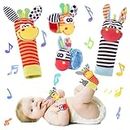 PADONISE Wrist Rattle Foot Finder Socks Set Arm Hand Bracelet Rattle Feet Leg Ankle Socks Newborn Soft Sensory Toys Baby Socks Newborn Rattles Toys for Babies 0-6 Months Infant Baby Gifts 6-12 Months