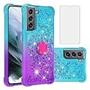 Asuwish Phone Case for Samsung Galaxy S21 5G 6.2 inch with Screen Protector and Ring Holder Bling Liquid Glitter Clear Hybrid Shockproof Silicone Protective Cell Cover S 21 21S G5 Women Blue+Purple