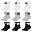 Auranso Toddler Socks 9 Pairs Kids Athletic Cushioned Ankle Crew Socks Black White Grey Striped Cotton School Sports Socks for Boys Girls Junior, 11-15 Years
