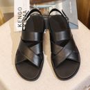 Mens Slippers Flat Cross Strap Sandals MaleLeather Non-Slip Beach Shoes Cowhide