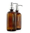 16-Ounce Amber Glass Boston Round Bottles w/ Stainless Steel Pumps (2-Pack); Lotion & Soap Dispenser Brown Bottles for Aromatherapy DIY Home & Kitchen